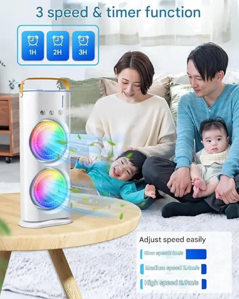 Mini Air Cooler for Room Cooling AC Portable Mini Fan |Rechargeable Mist Cooling Fan | 3 H Timer, 3 Wind Speeds, and 3 Spray Modes for Office, Home, Kitchen - White